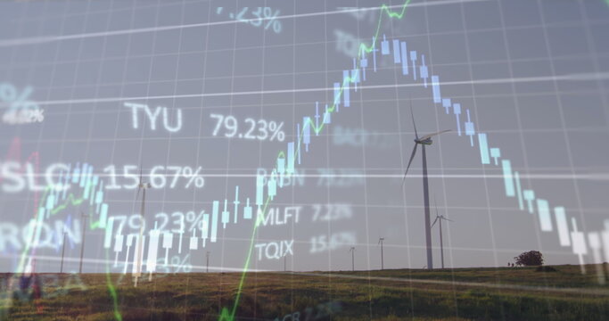 Image of financial and stock market data processing over spinning windmills on grassland