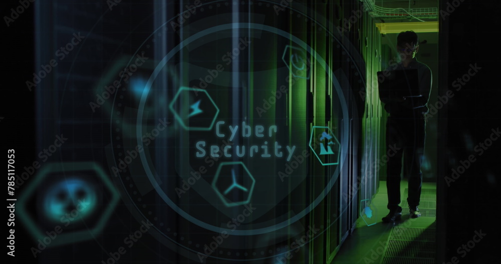 Poster image of cyber security and padlock with renewable icons over asian man examining data servers