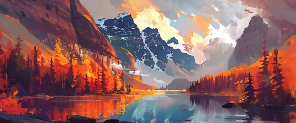 Foto op Canvas A breathtaking landscape painting of an alpine lake surrounded by towering mountains, with vibrant trees and a fiery sunset sky in the background. © AnimeBG