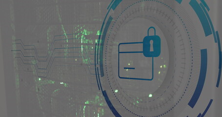 Image of padlock and card icon in circle over data server systems