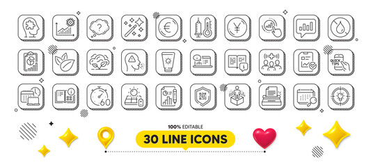 Cough, Medical staff and Graph chart line icons pack. 3d design elements. Report document, Augmented reality, Manual web icon. Analytical chat, Online documentation, Euro money pictogram. Vector
