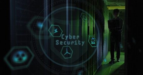 Image of cyber security and padlock with renewable icons over asian man examining data servers