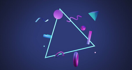 Image of triangular and abstract shapes spinning against copy space on blue background