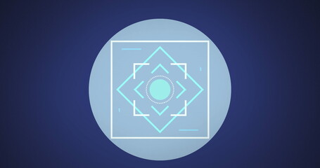 Image of neon scope scanning over grey round banner against copy space on blue background