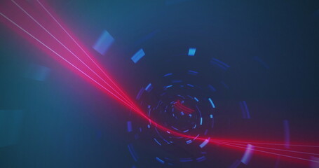 Image of neon tunnel in seamless pattern against copy space on blue background