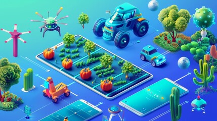 An artificial intelligence isometric landing page for farming. In this landing page, robots are taking care of plants, mobile apps control drones and automation is being displayed.