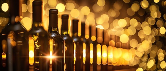 A close up of a row of wine bottles against a blurred background of golden lights. - obrazy, fototapety, plakaty