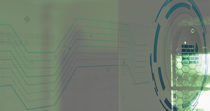 Image of firewall icon in circle over data server system - Powered by Adobe