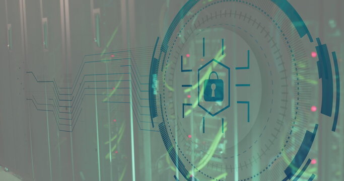 Image of padlock icon in circle over network server systems