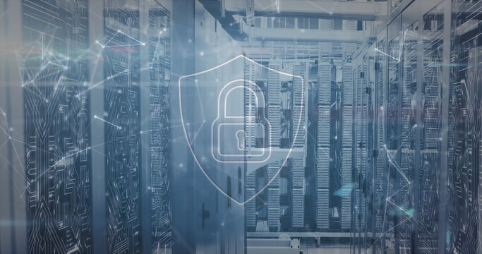 Image of padlock and shield icon with connected dots over data server systems