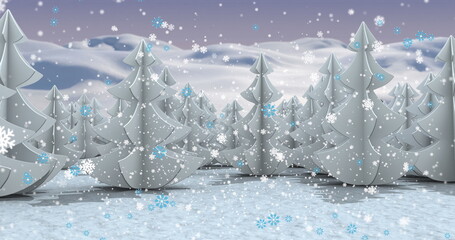 Image of snow falling over winter scenery - obrazy, fototapety, plakaty