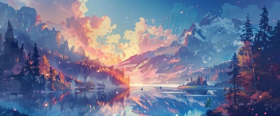 A breathtaking landscape painting of an alpine lake surrounded by towering mountains, with vibrant trees and a fiery sunset sky in the background.