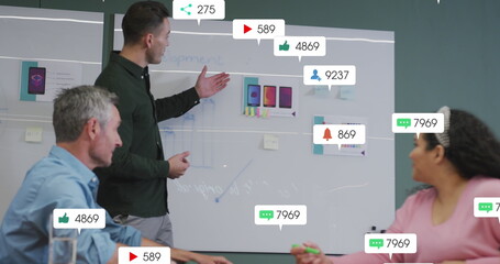 Image of notification bars over diverse man explaining product design to coworkers on whiteboard