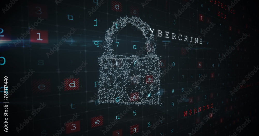 Poster digital image of a padlock made of light and a grid filled with codes