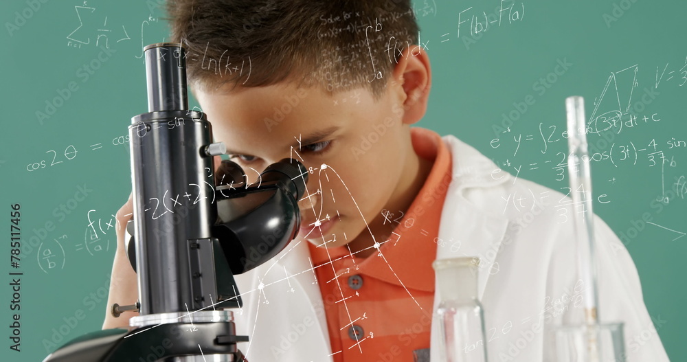 Poster digital composite of a caucasian boy looking into a microscope and equations running in the foregrou