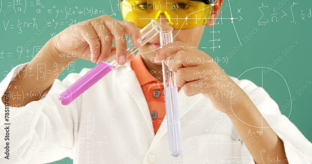 Poster digital composite of a little boy mixing chemicals with equations and graphs in the foreground