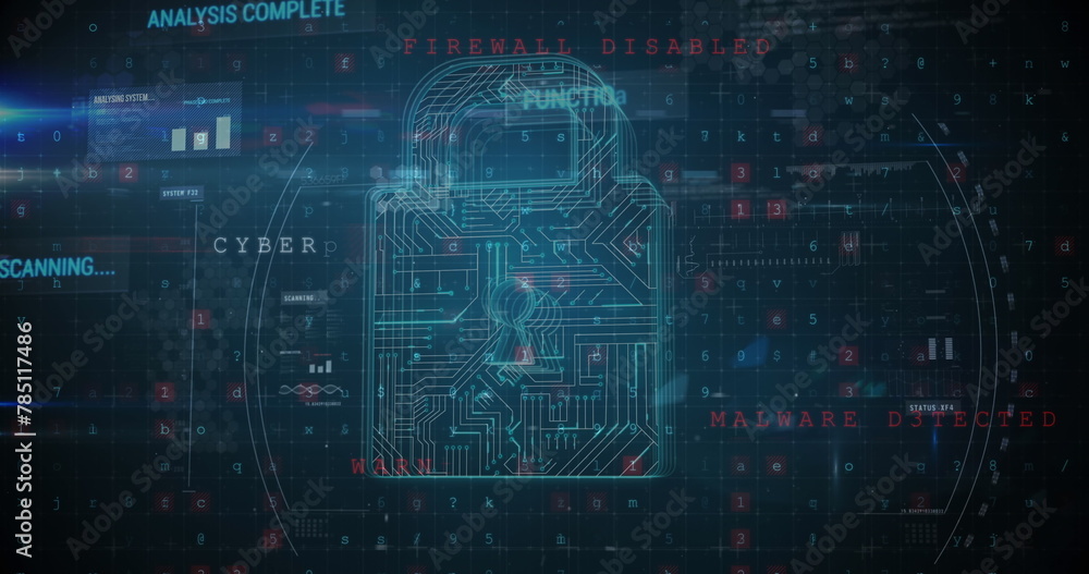 Poster digital image of a circuit board shaped into a padlock and codes in the background