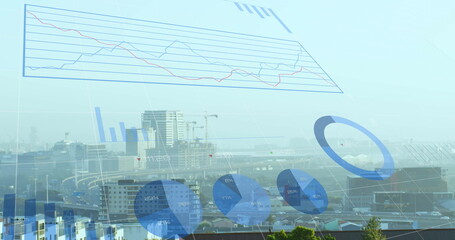 Image of financial data processing over cityscape