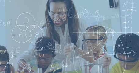 Digital composite of kids in chemistry class studying chemicals and equations and graphs in the fore