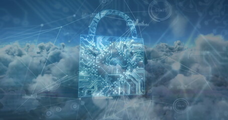 Digital composite of a circuit board with a lock and a sky filled with connected lines