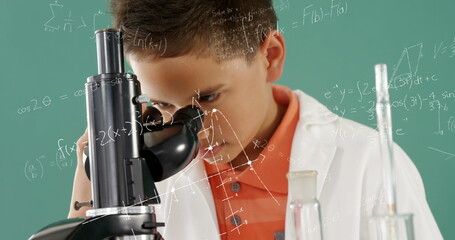 Digital composite of a Caucasian boy looking into a microscope and equations running in the foregrou
