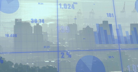Image of statistics and financial data processing over cityscape