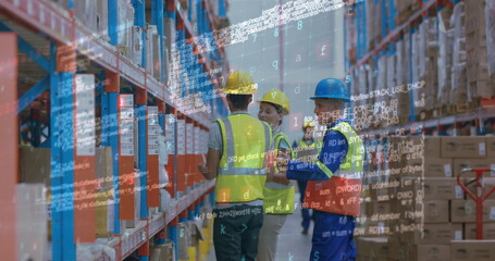 Digital composite of three warehouse workers checking stocks at warehouse