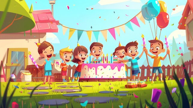 Kids celebrate their anniversaries, give gifts and have a birthday party outside in the backyard. Modern cartoon illustration of a garden with happy children, holiday decorations, cake with candles,