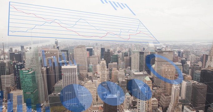 Image of financial data processing over cityscape