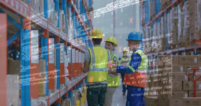Digital composite of three warehouse workers checking stocks at warehouse