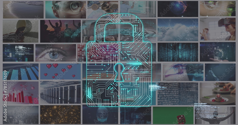 Poster Image of data processing and glowing padlock over various clips playing on composite screens