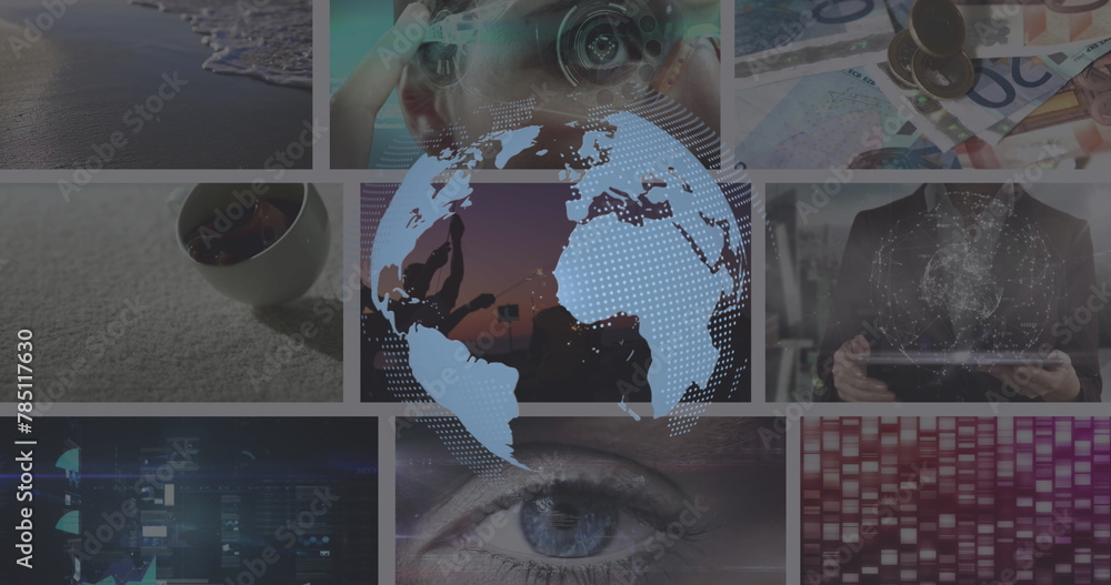 Aufkleber image of white globe rotating over various clips playing on composite screens