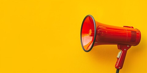 A red megaphone against a yellow background. - obrazy, fototapety, plakaty