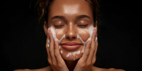 One black indigenous aboriginal woman eyes closed smile wash face soap foaming cleanser diverse skin diversity dark background hand Australian female skincare cosmetology clinic spa cosmetic beauty 