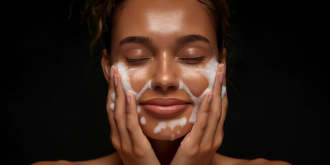 One black indigenous aboriginal woman eyes closed smile wash face soap foaming cleanser diverse skin diversity dark background hand Australian female skincare cosmetology clinic spa cosmetic beauty