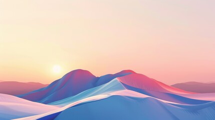 Pastel-colored digital landscape with rising sun. Minimalist digital art background