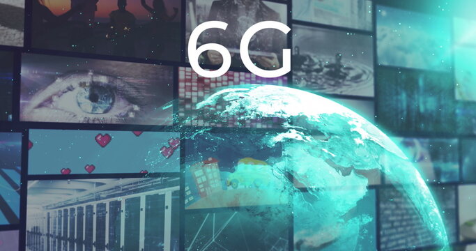 Image of 6g text over glowing blue globe and various clips playing on composite screens