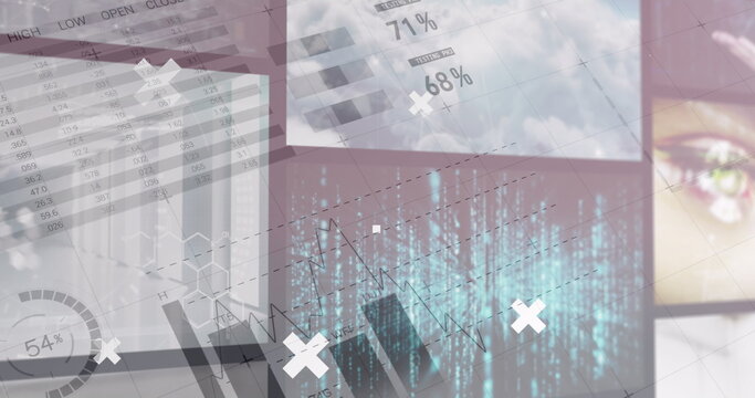 Image of black and white charts and data over various clips playing on composite screens