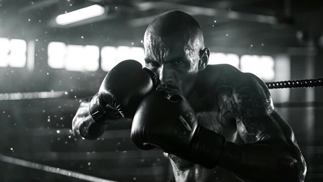 A male boxer training at boxing gym. Black and white