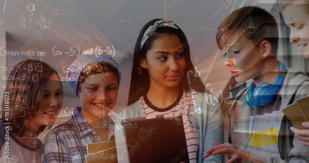 Poster image of math formulas moving over happy diverse pupils working on tablet