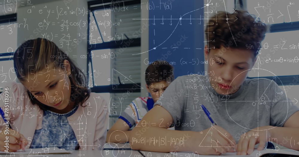 Poster image of math formulas moving over class of diverse pupils during lessons