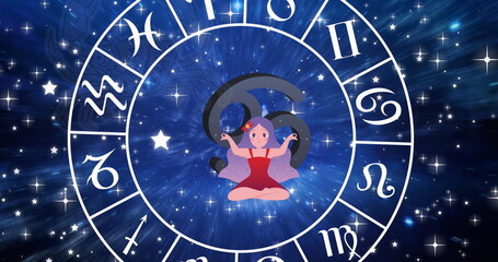 Naklejka premium Image of horoscope symbols over stars on blue background