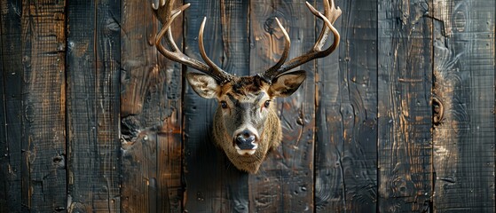 A deer head mounted on a wooden wall.