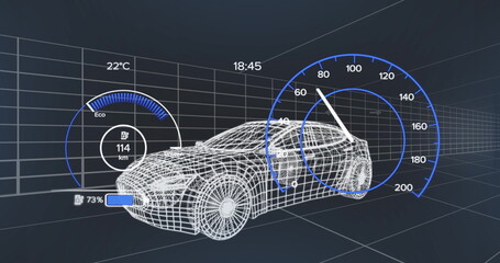 Image of speedometer over electric car project on navy background