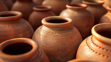 A close-up of numerous traditional terracotta clay pots.