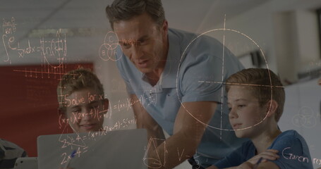Image of math formulas moving over diverse male teacher and pupils working on laptop