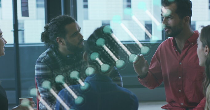 Image of dna strand over diverse business people