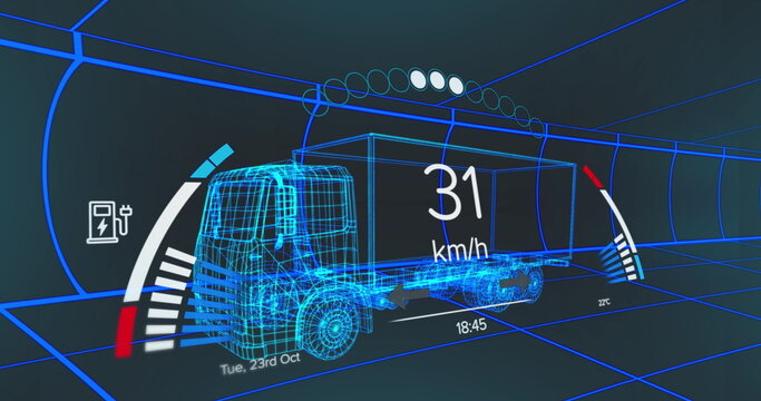Fototapeta Image of speedometer over electric truck project on navy background