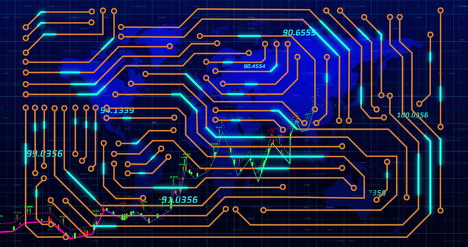 Image of financial data over world map and integrated circuit - Powered by Adobe