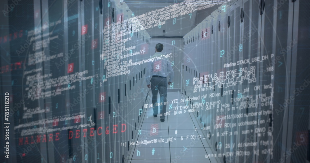 Poster image of data processing over caucasian man in server room